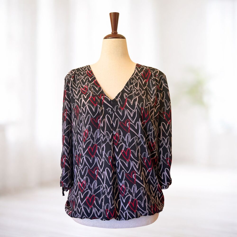 Soho NY & Co Hearts Blouse L Black Long Sleeve Casual Office Boho Valentines Day